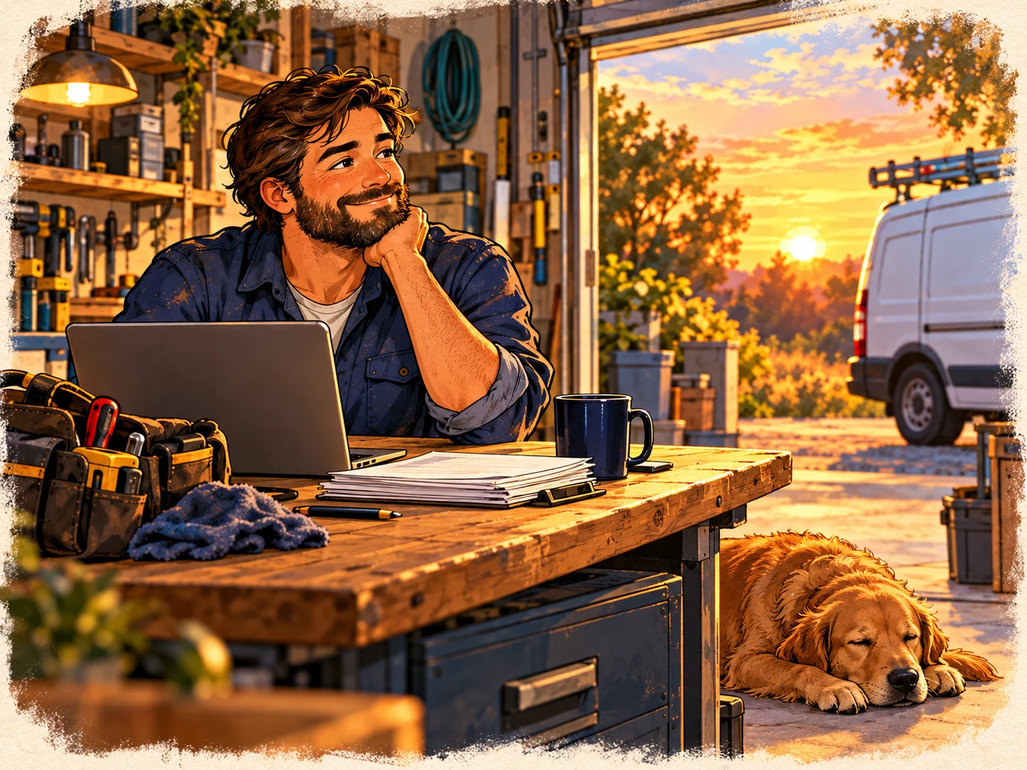 An illustrated service-business owner finishing up at his workshop while his dog rests beside the desk