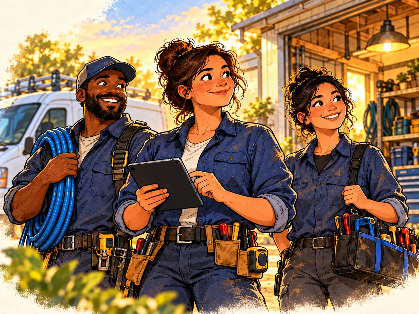 An illustrated service-business owner and her crew getting ready for the day outside their workshop