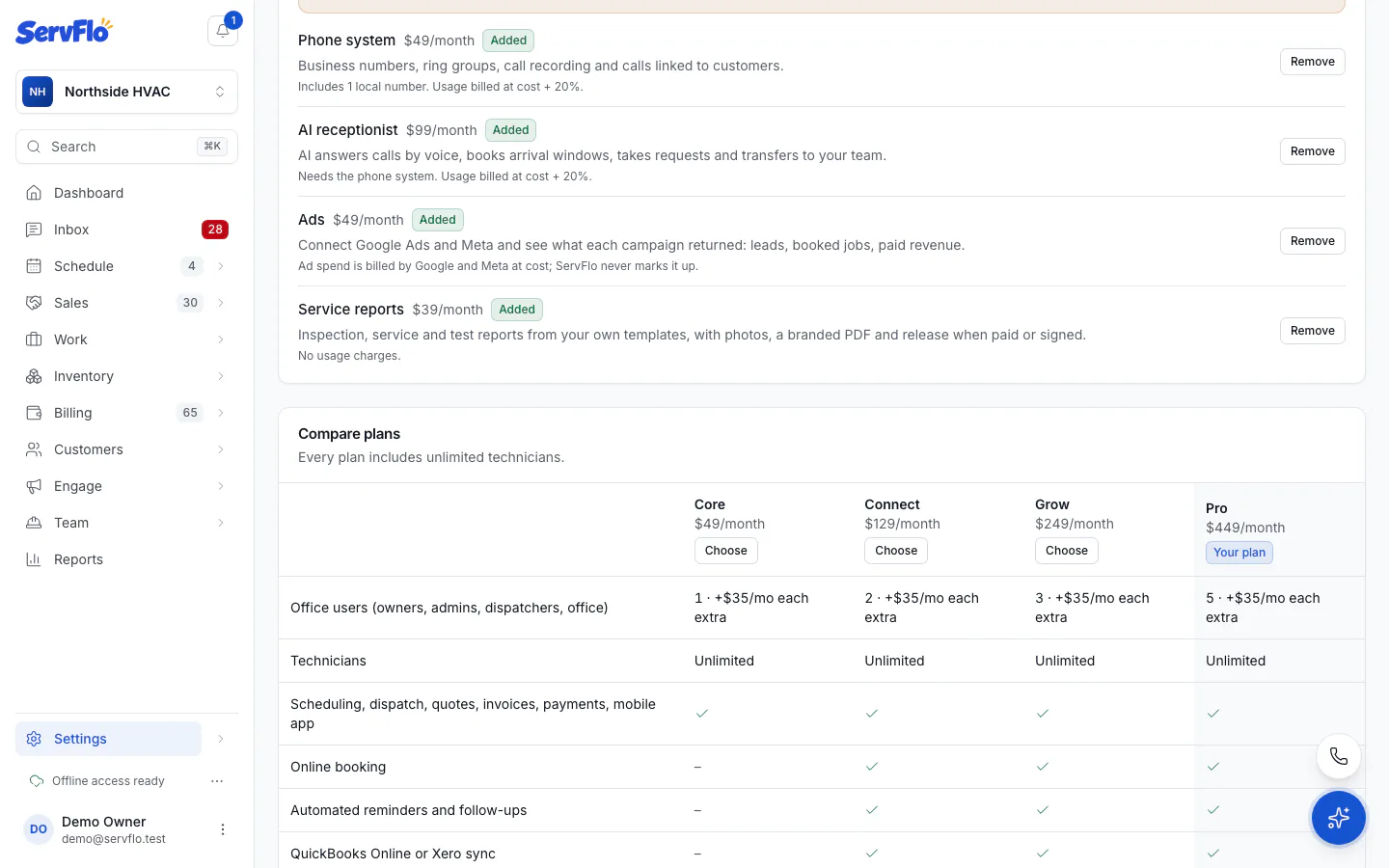 The Compare plans table in Plan and billing settings