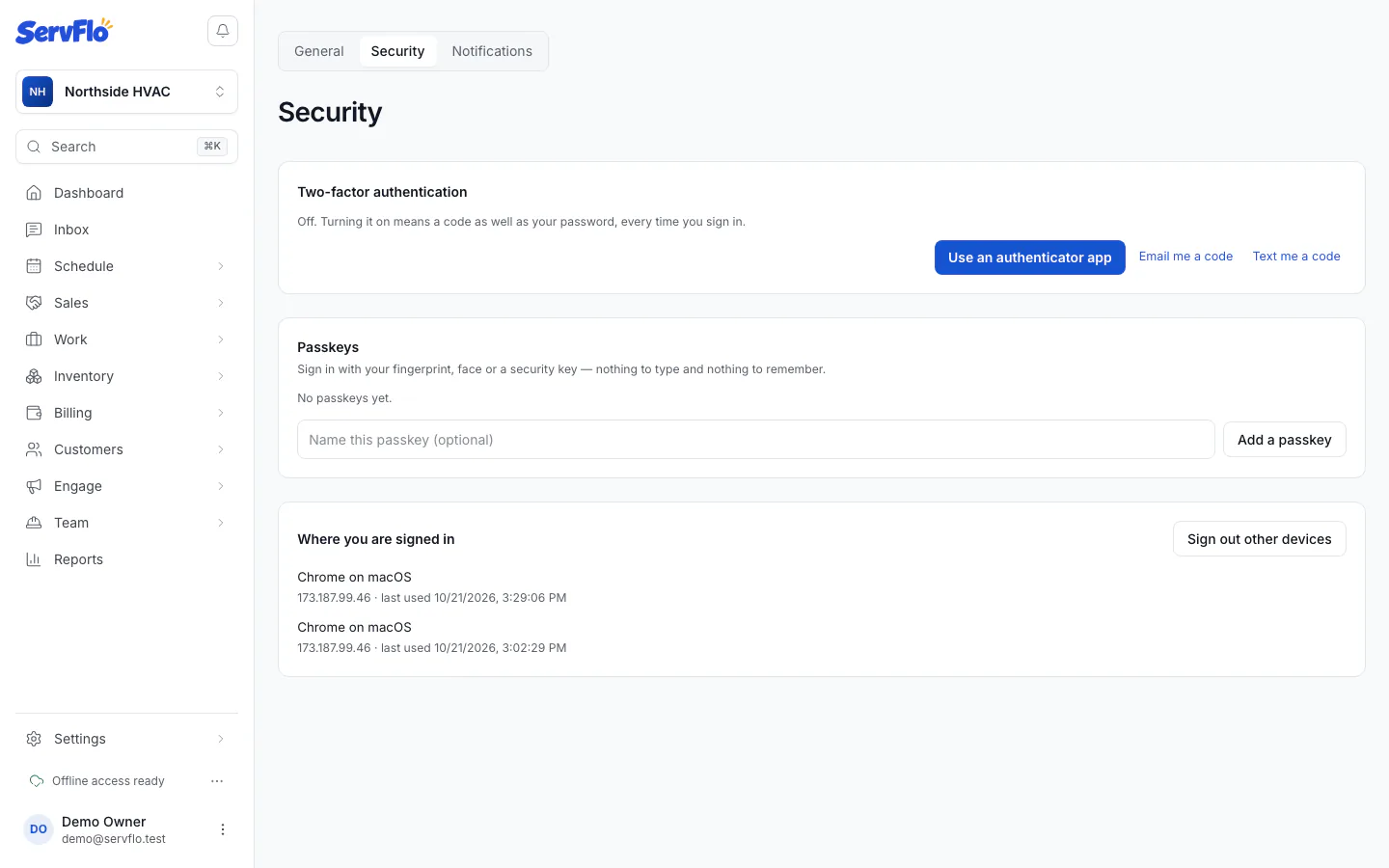 The Security tab of Account settings