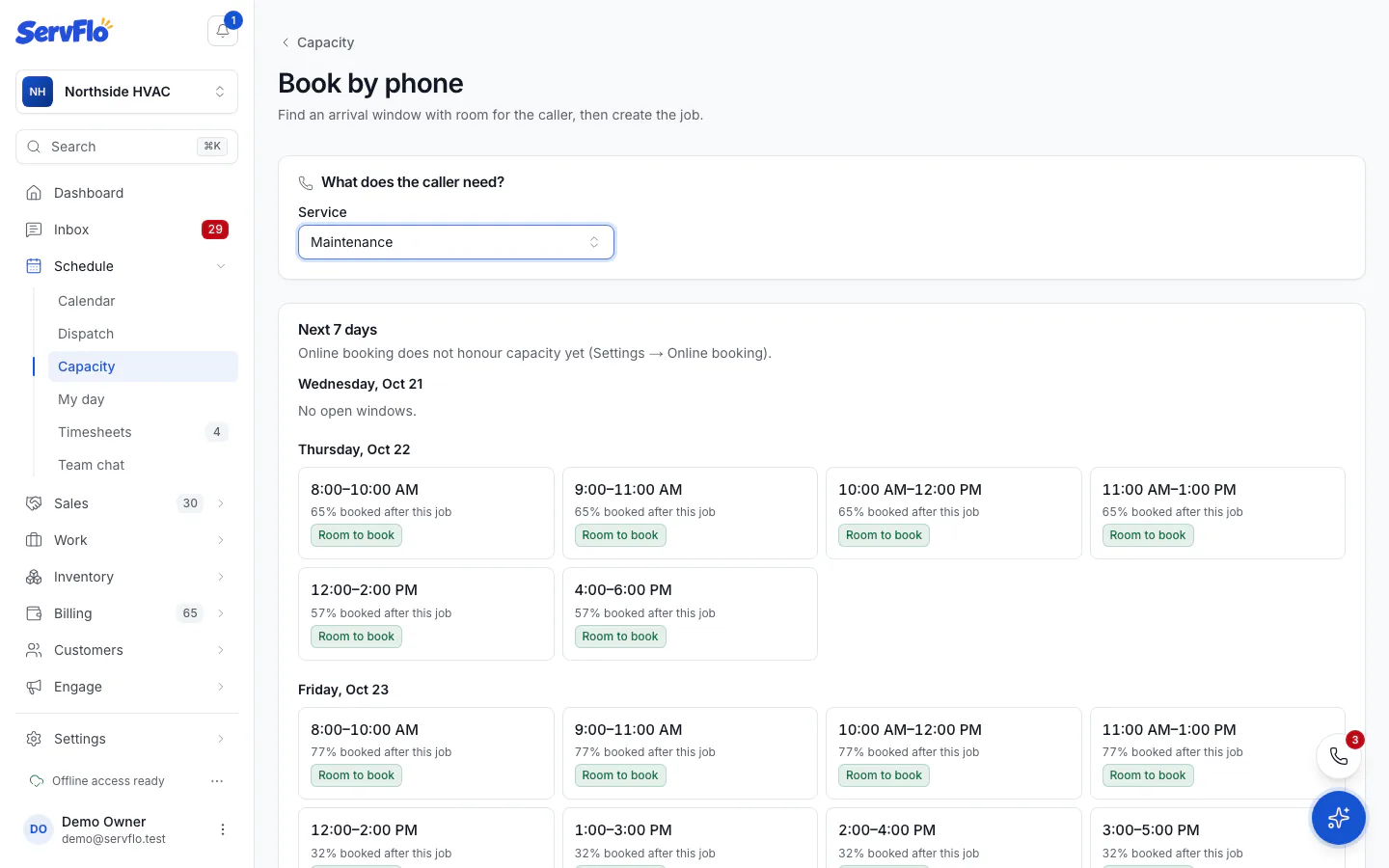 Book by phone with a service chosen and arrival windows