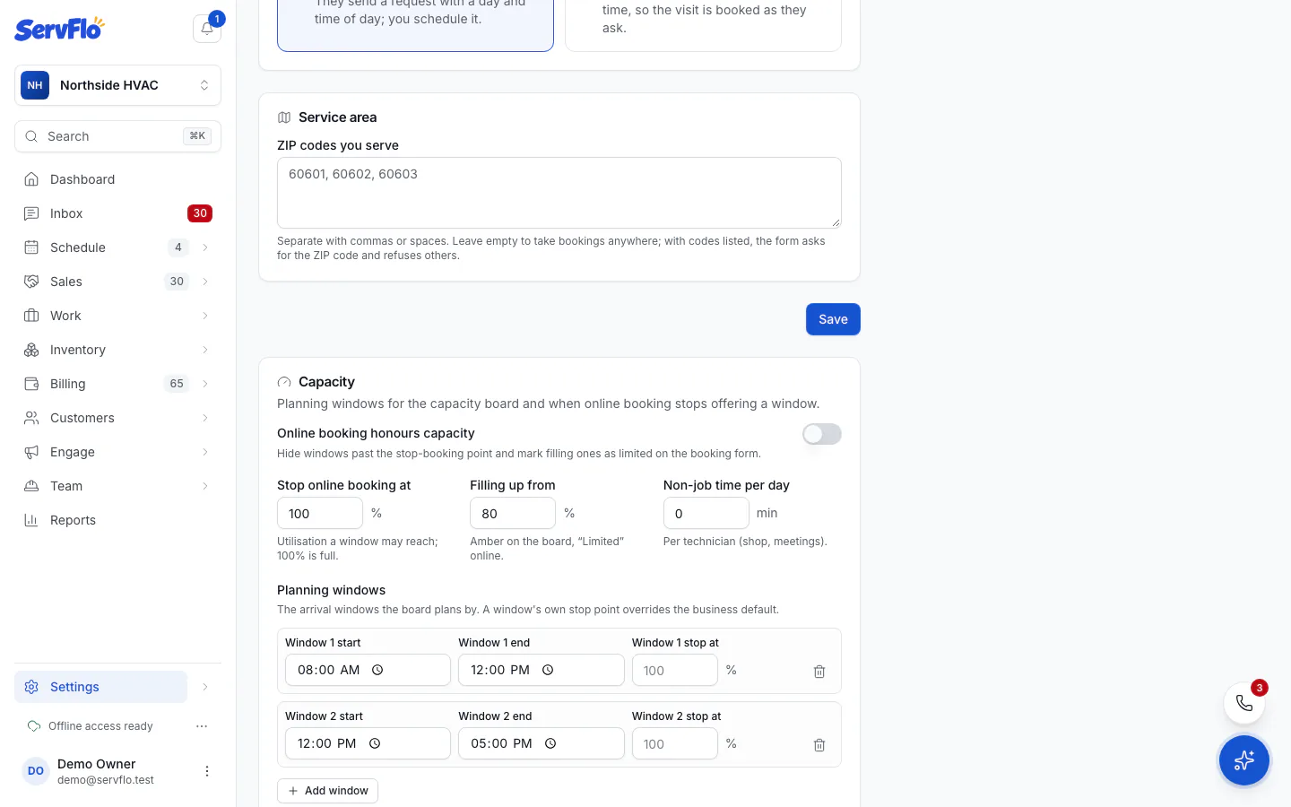 The Capacity card with planning windows and stop points