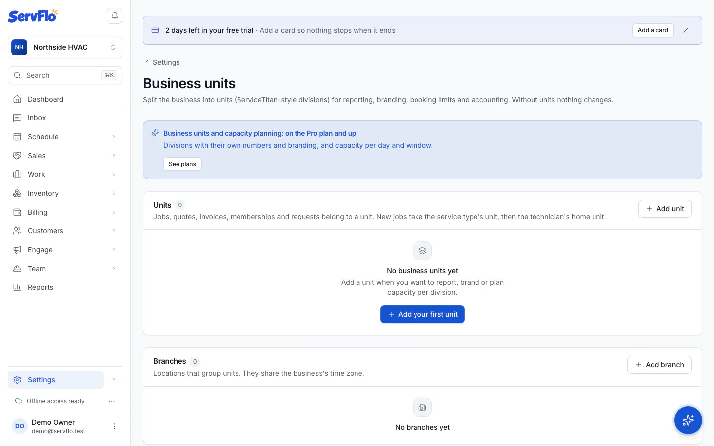 Settings → Business units with units and branches