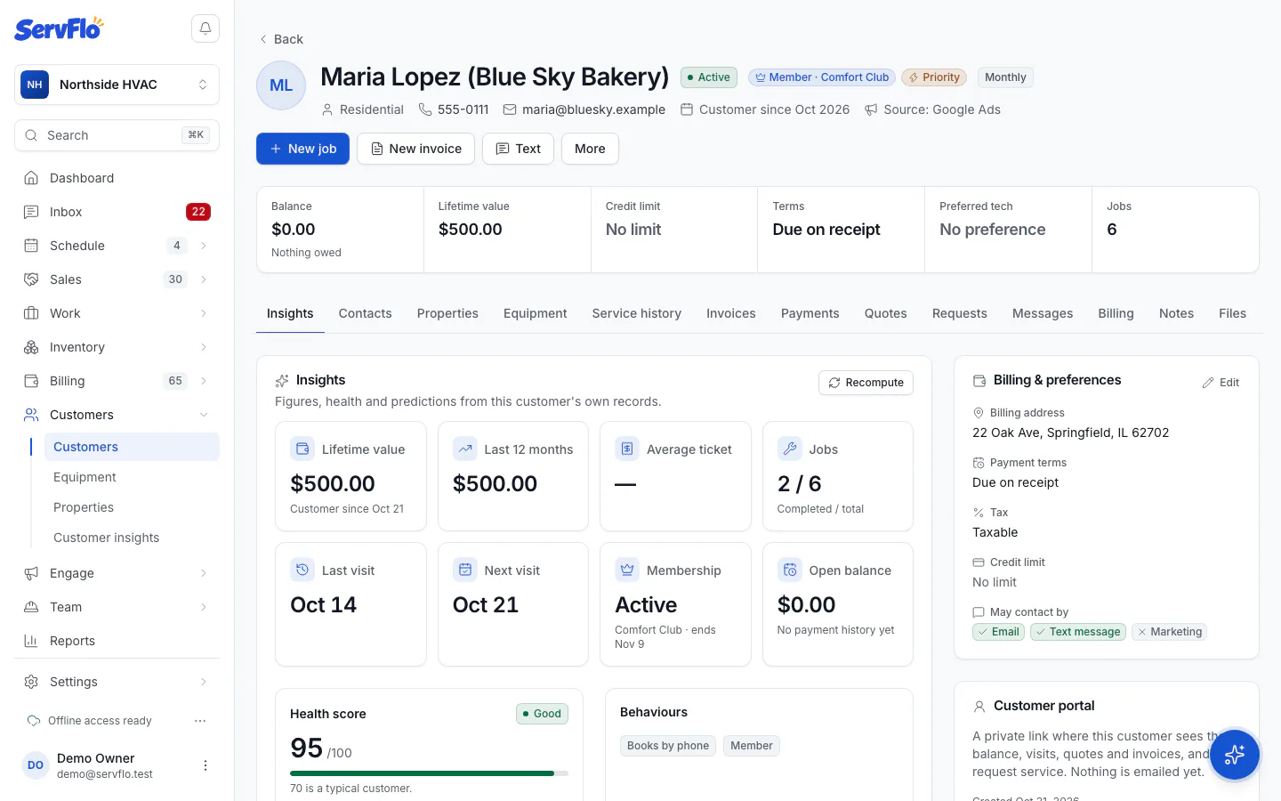 The Insights section on a customer's page