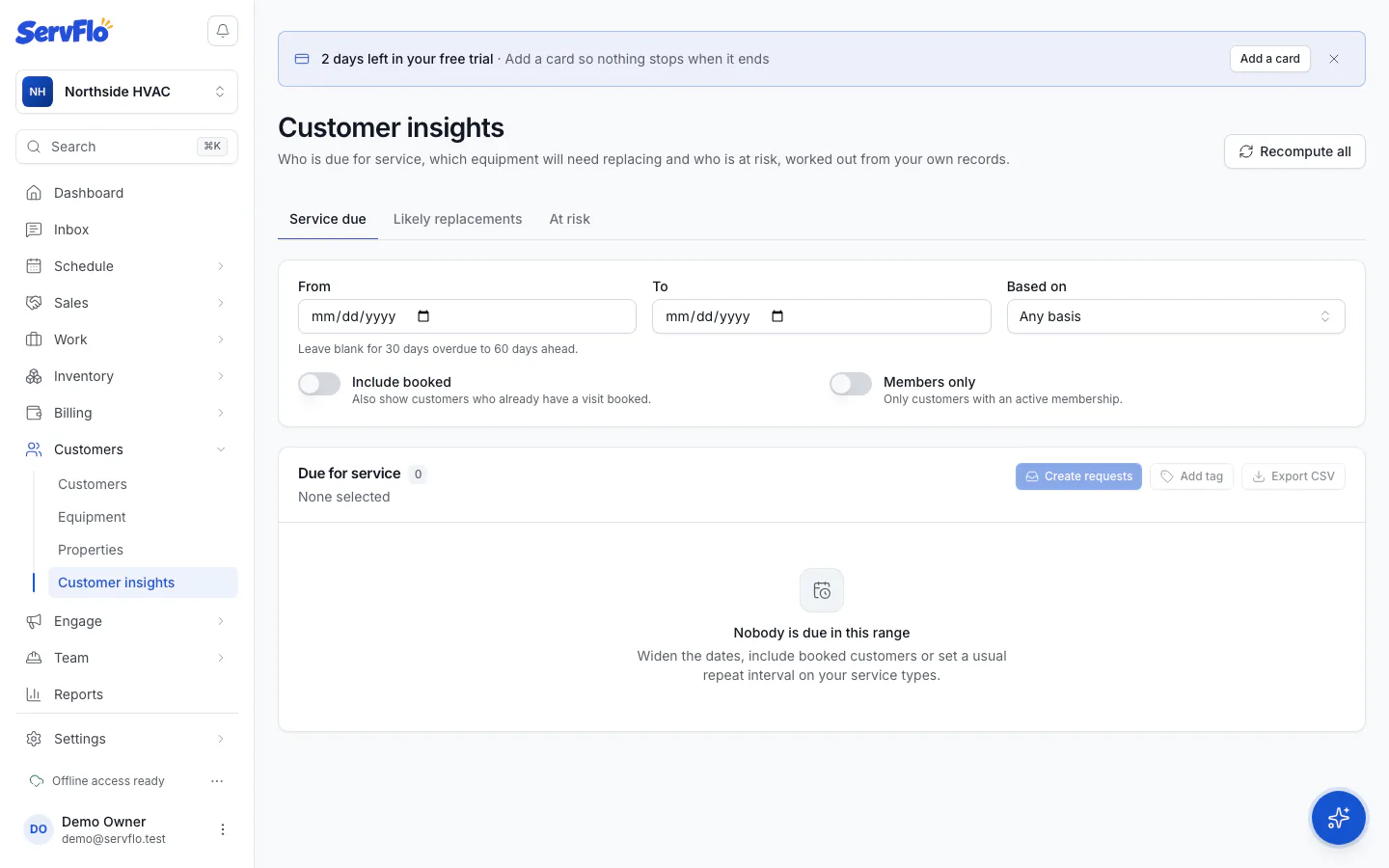 The Customer insights page with the Service due, Likely replacements and At risk tabs