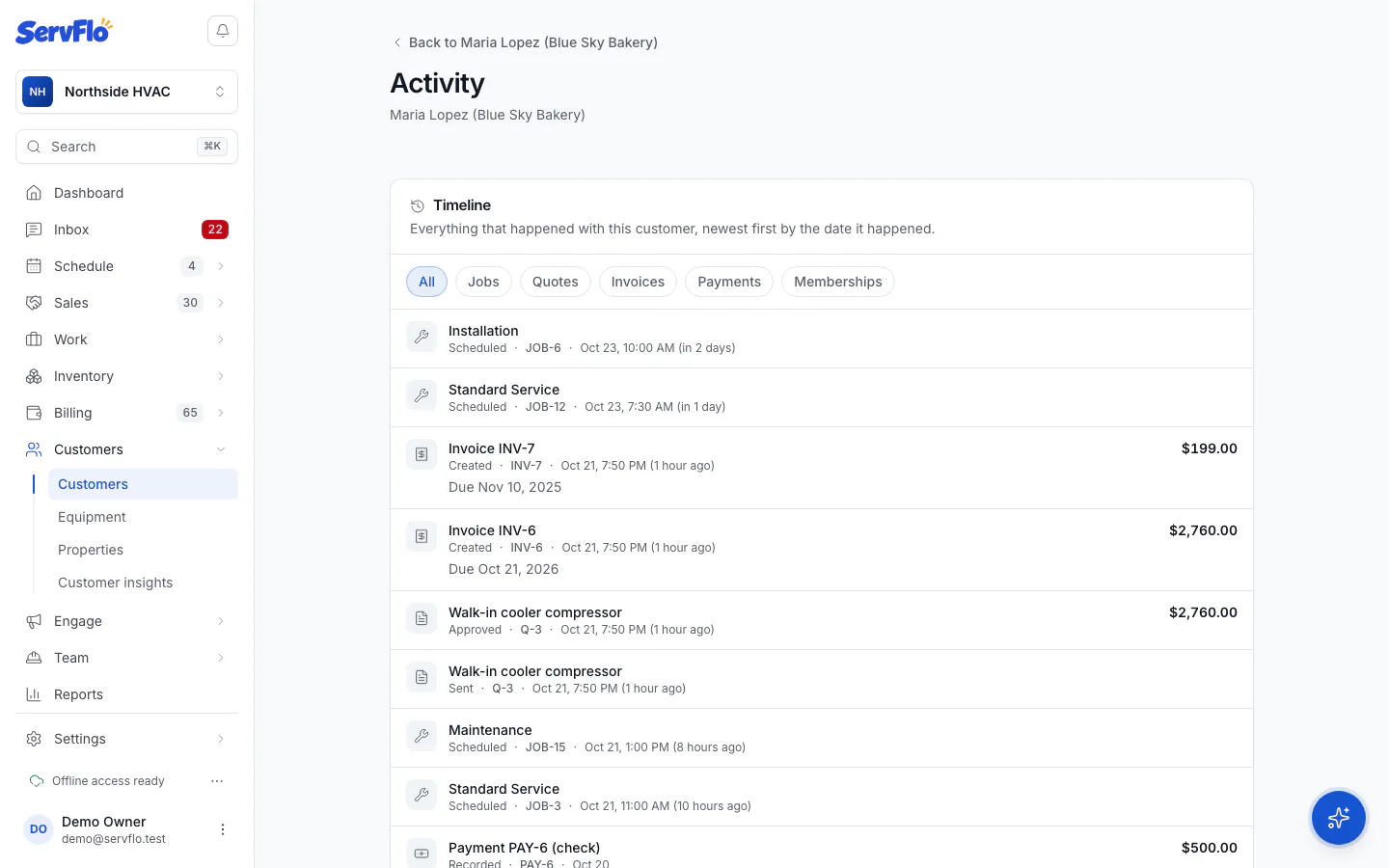 A customer's Activity timeline with filters