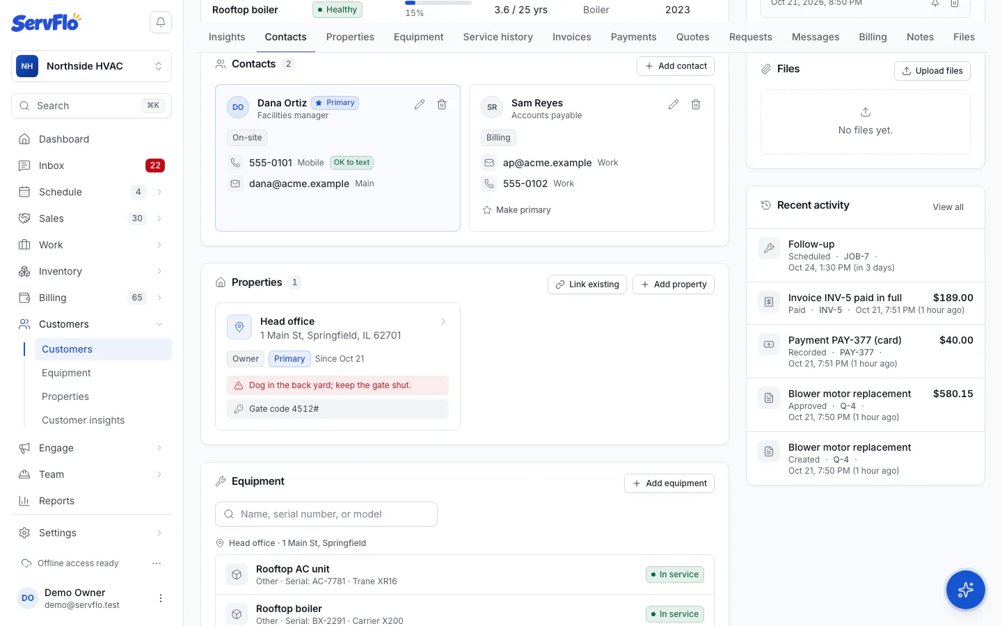 Contacts section on a customer page with a primary contact and a billing contact