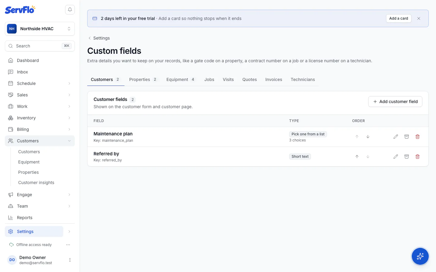 Custom fields settings with the Customers tab open