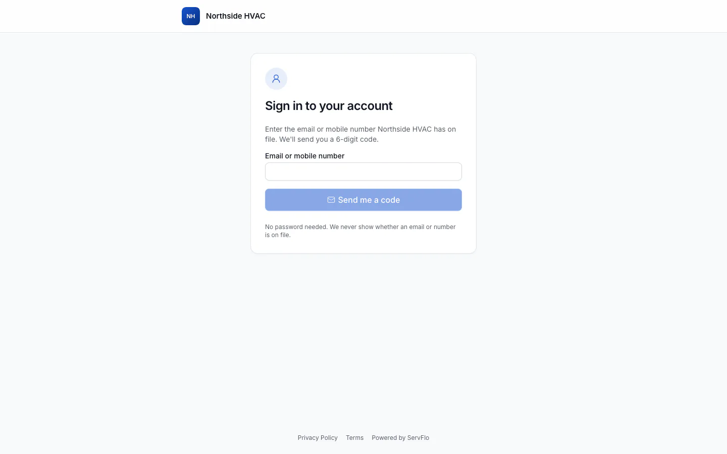 A customer's signed-in portal home page with quick actions