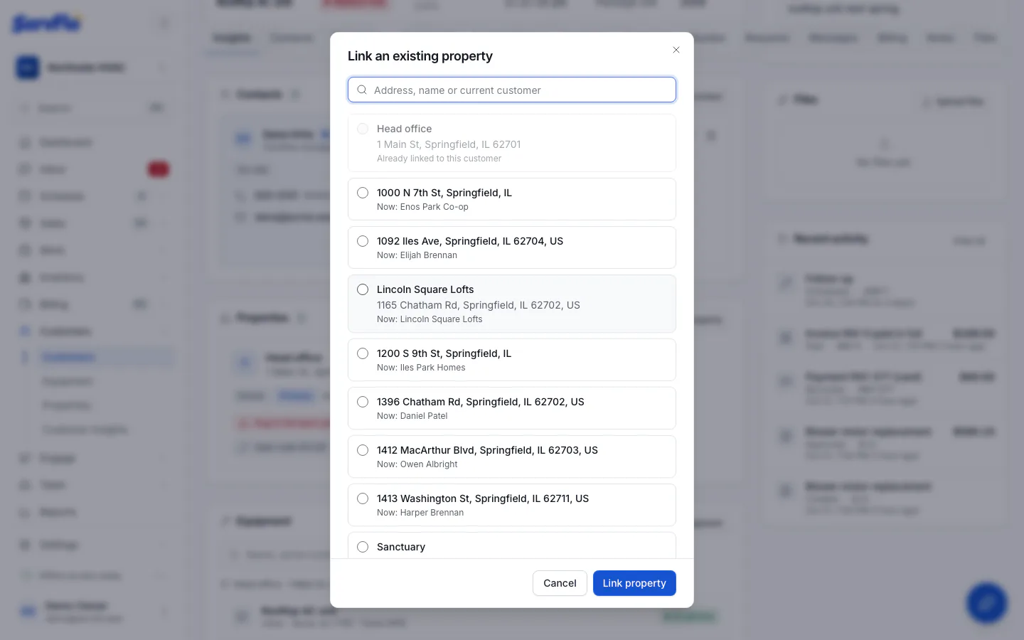 The Link an existing property dialog with a property selected and the role set to Tenant