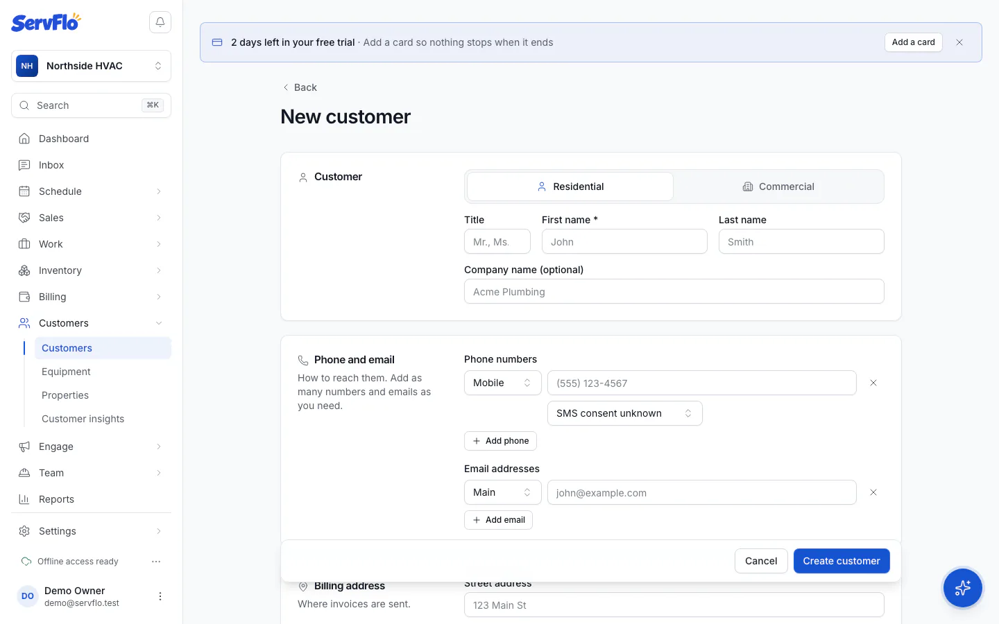 The New customer form with Residential selected