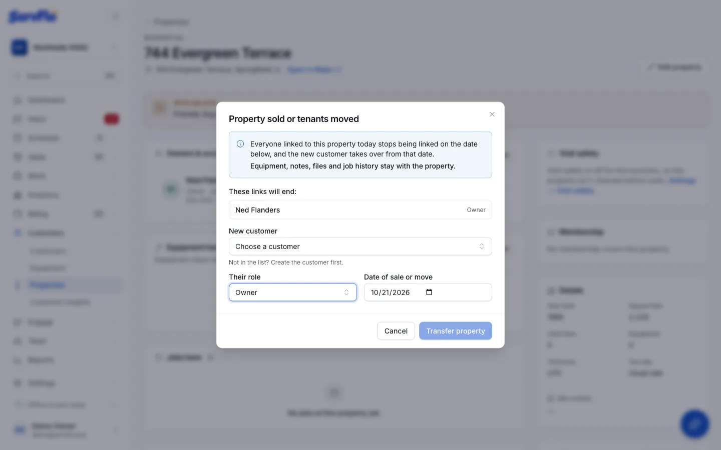 The Property sold or tenants moved dialog