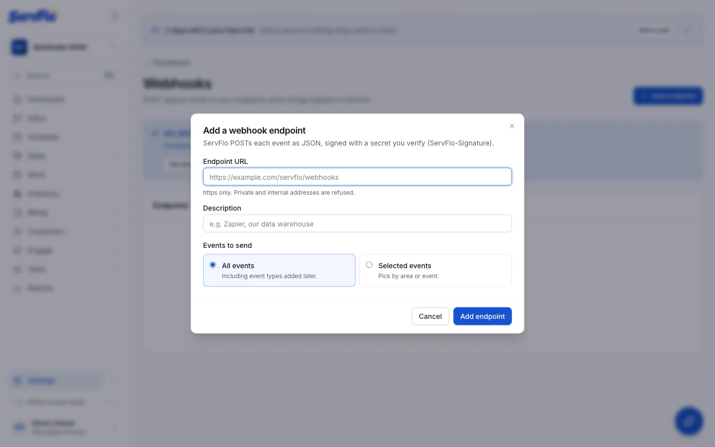 The Add a webhook endpoint form