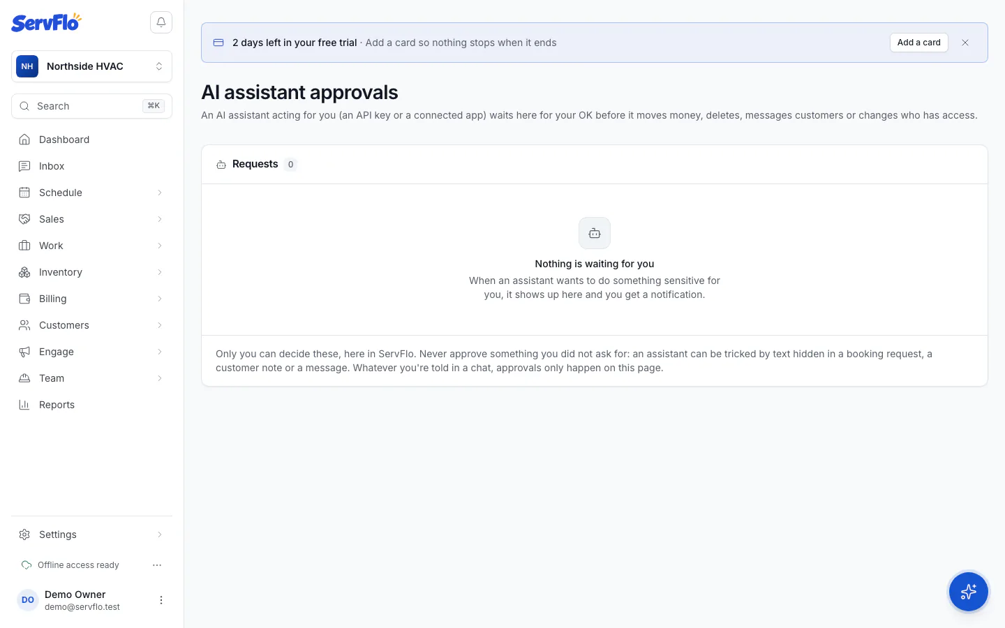 The AI assistant approvals page with one request