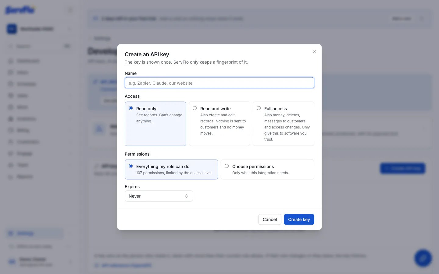The Create an API key dialog