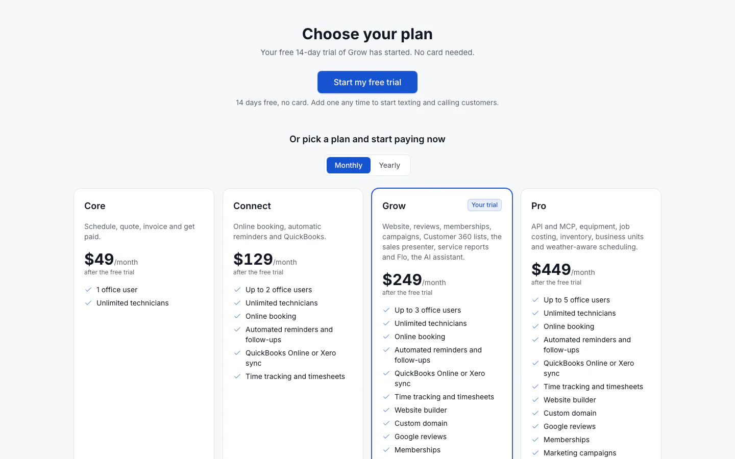 The Choose your plan screen with Start my free trial at the top and four plan cards below