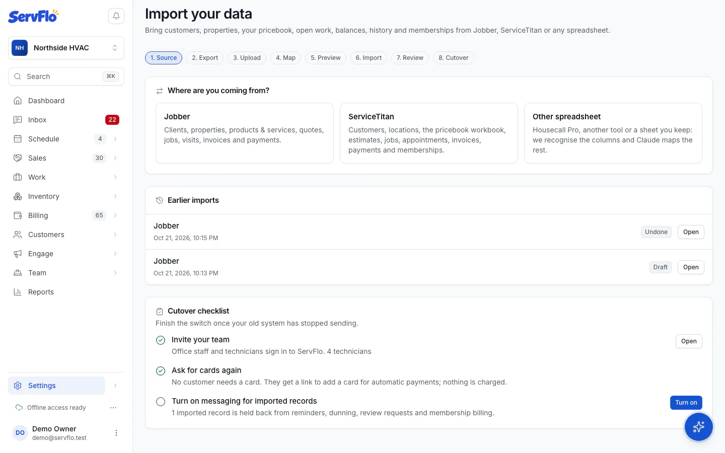 The Cutover checklist with Invite your team, Ask for cards again and Turn on messaging