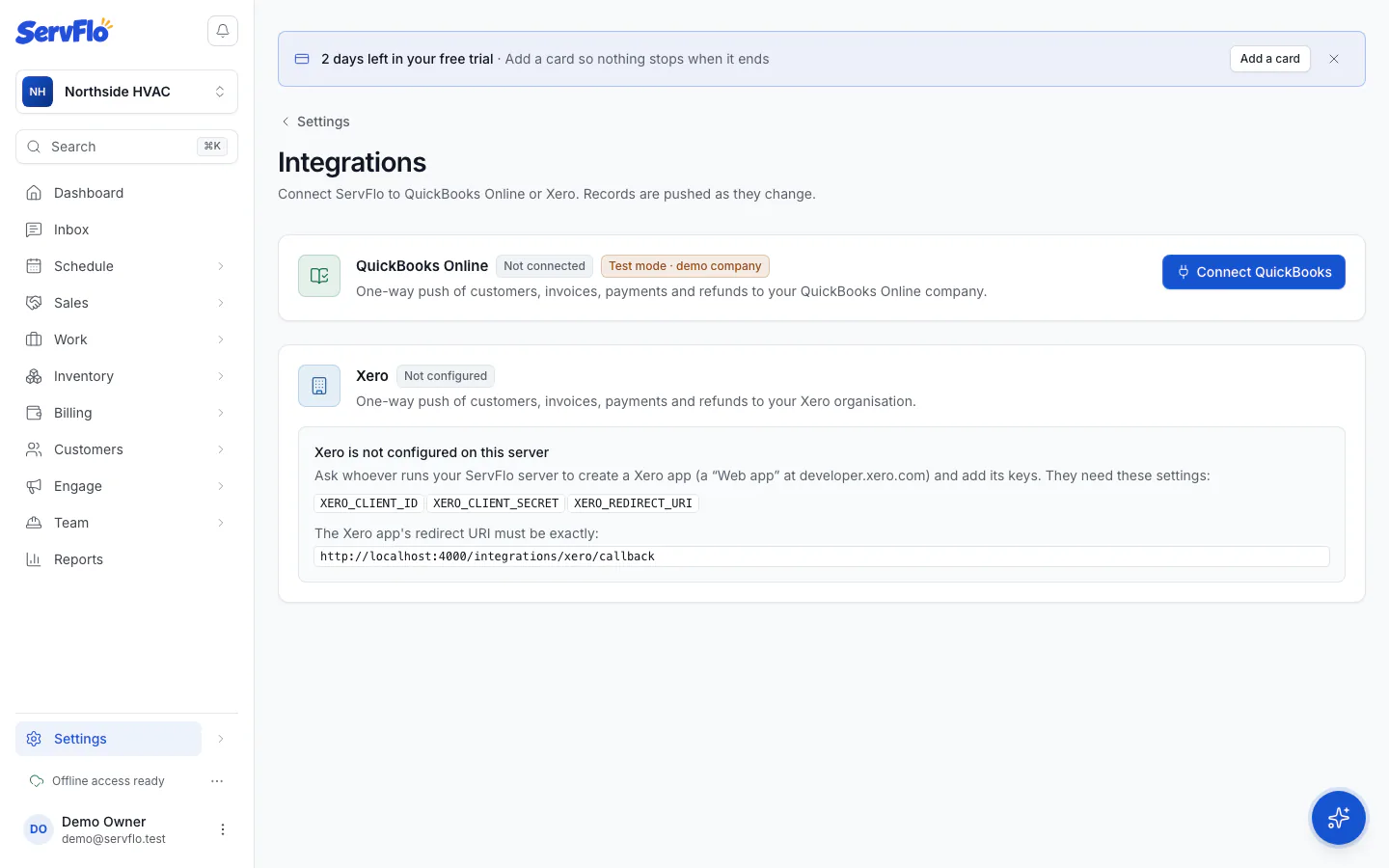 The Integrations page with the QuickBooks and Xero cards