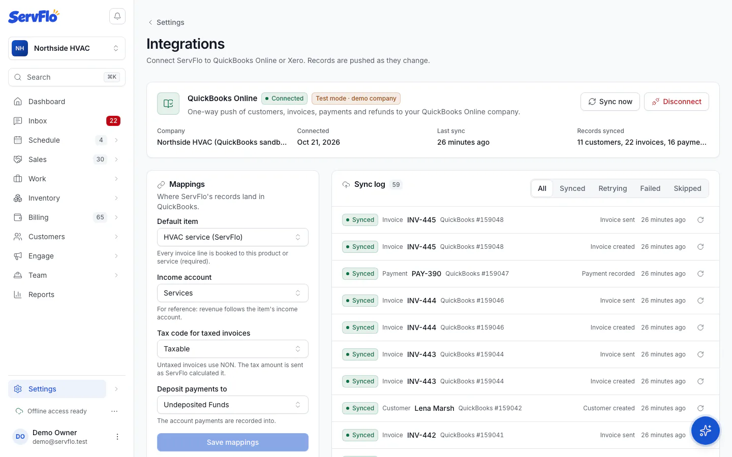 The Sync log on the Integrations page