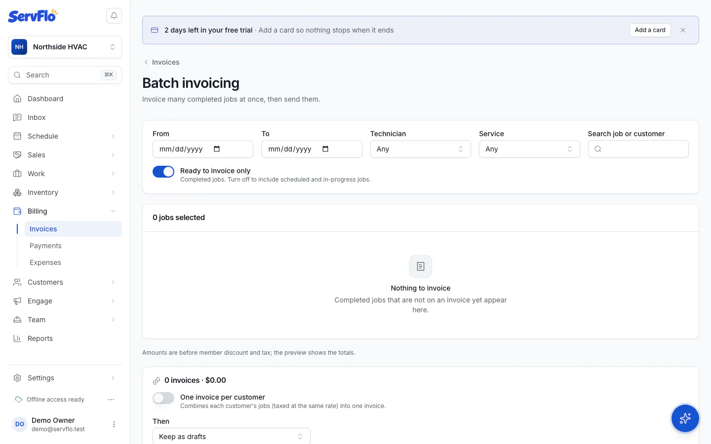 The batch invoicing list of completed jobs with filters and the per-customer option