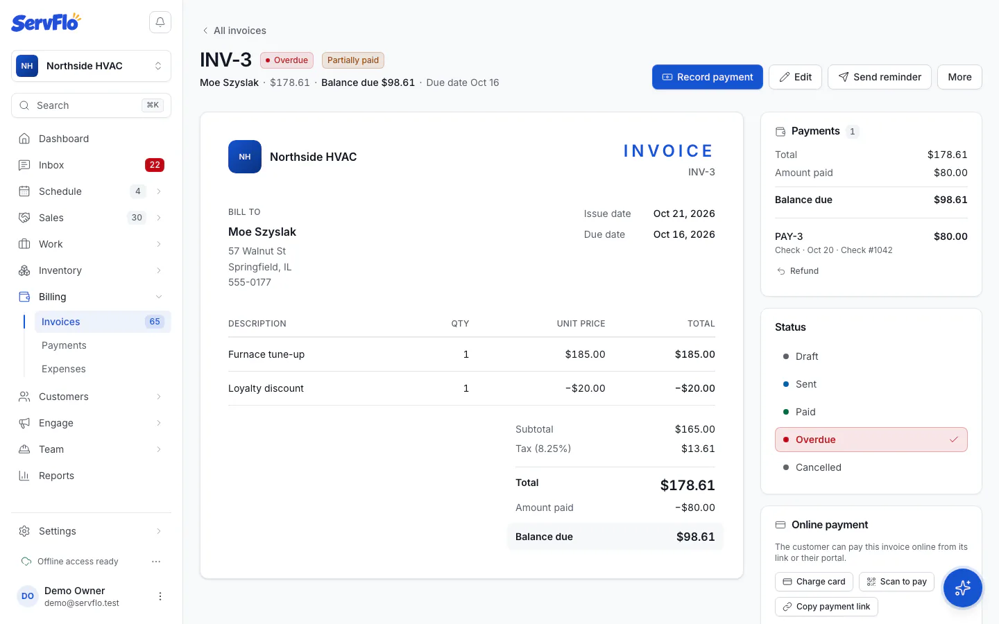 An invoice page with Send invoice, the Payments panel and the Online payment card