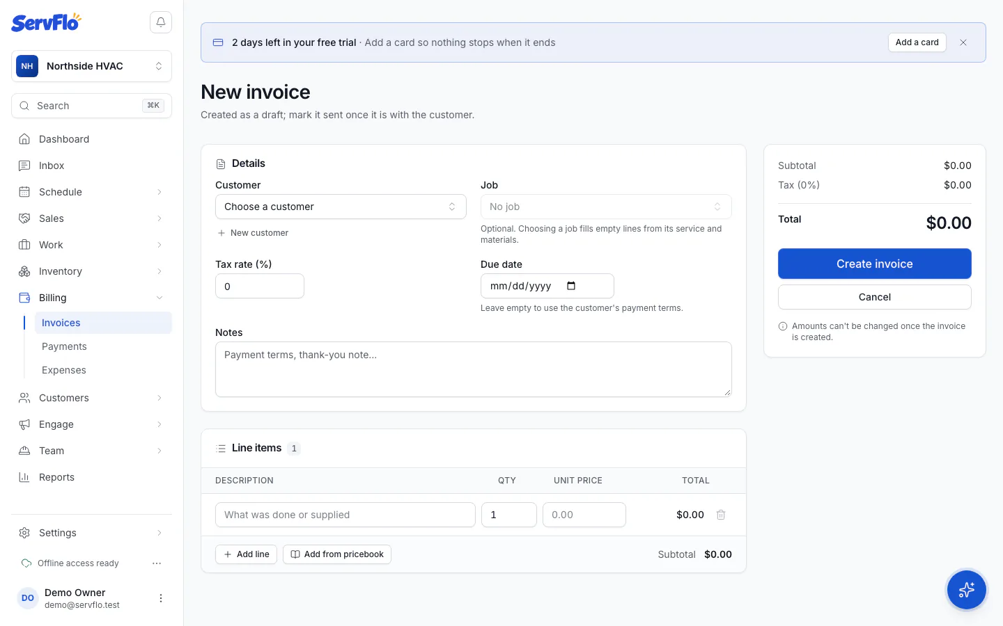 The new invoice form with customer, job, tax rate, due date and line items