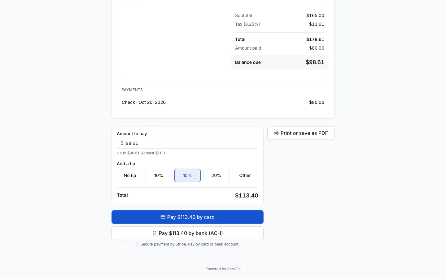 The customer's invoice page with the Pay online card, tip choices and card and bank buttons