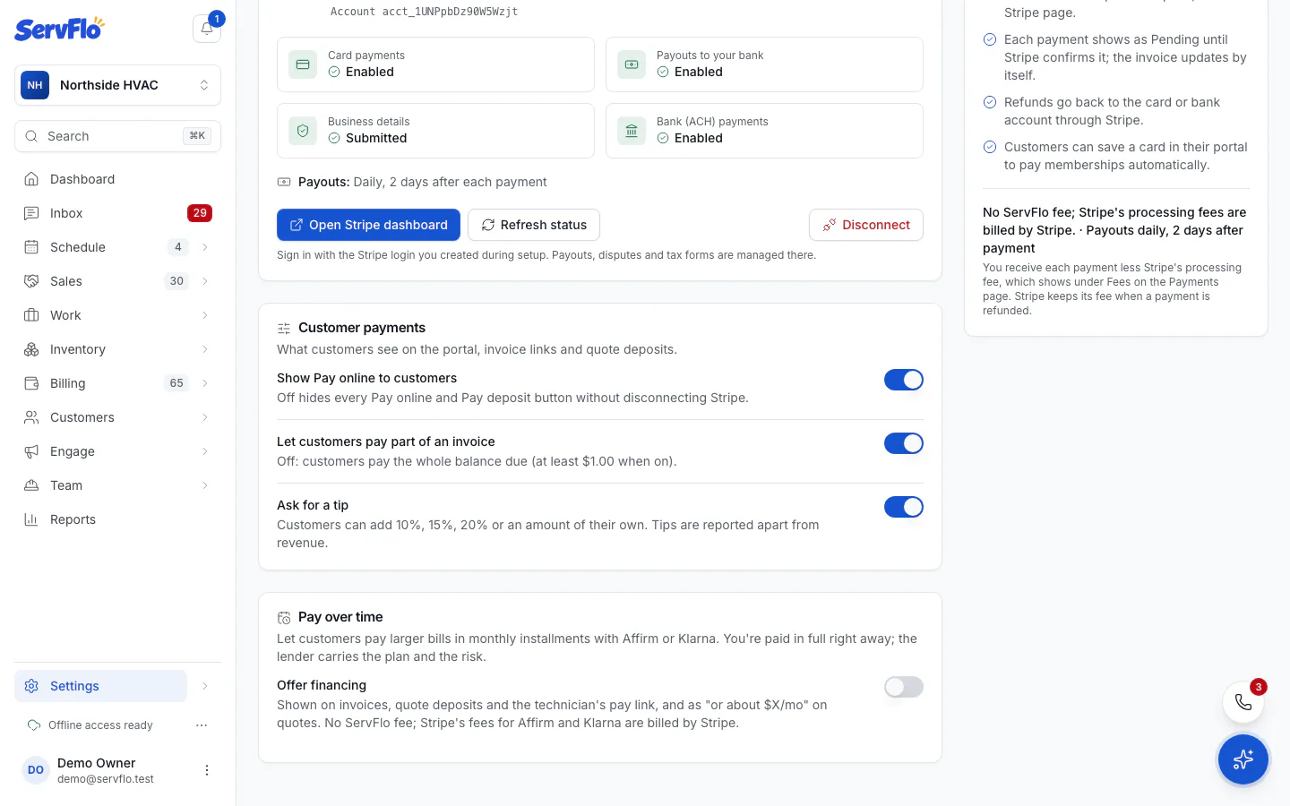 The Pay over time card in Settings → Payments with Offer financing