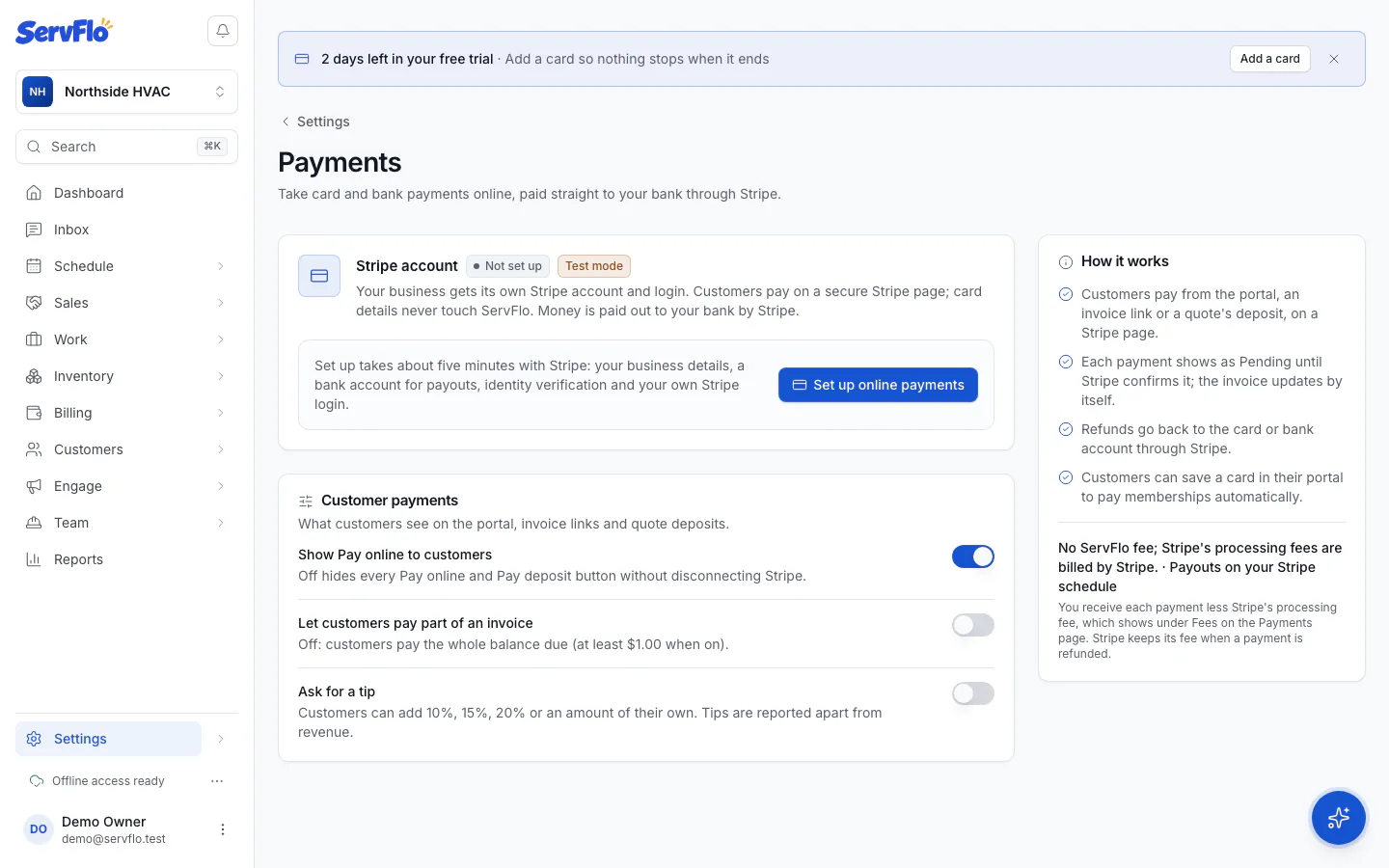 Settings, Payments page with the Stripe account status and customer payment options