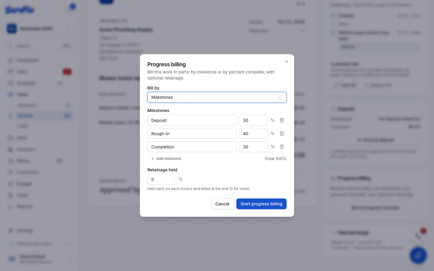 The Progress billing dialog with milestones and retainage held