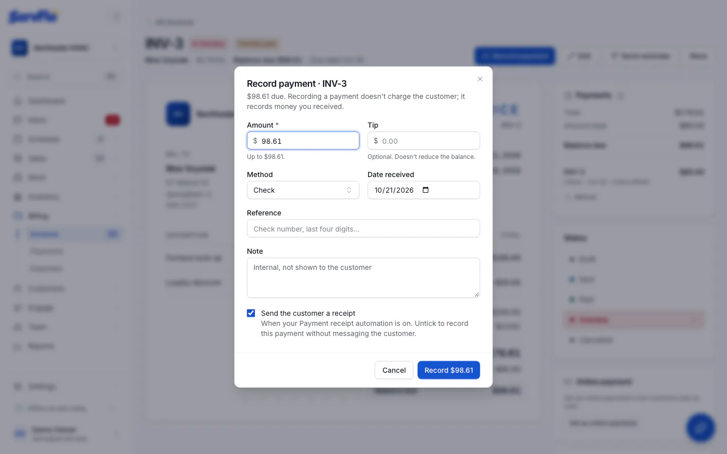 The Record payment dialog with amount, tip, method, date and reference