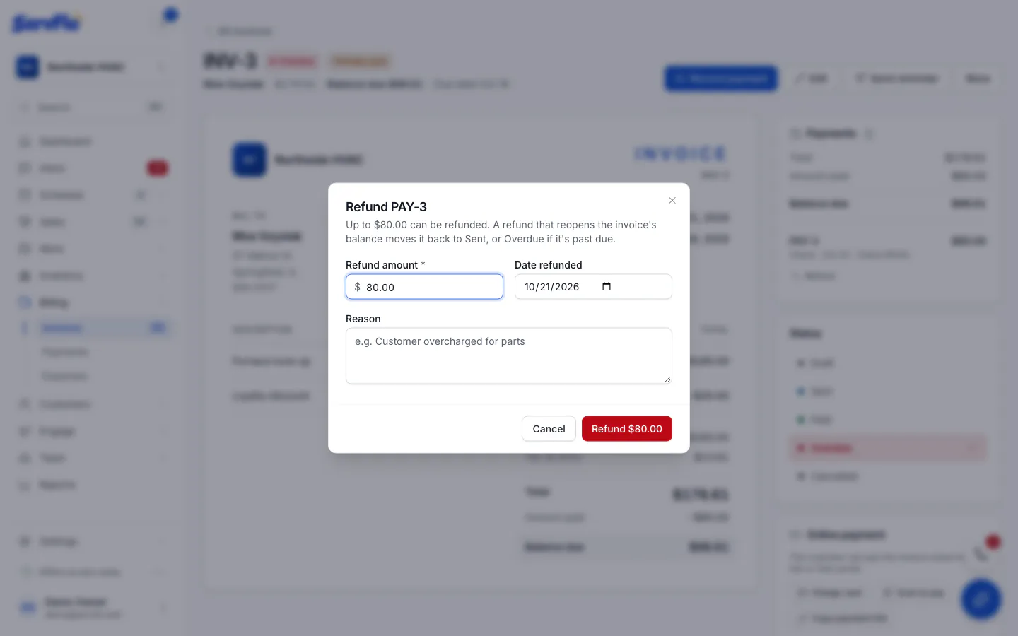 The Refund dialog with the refund amount, date refunded and reason