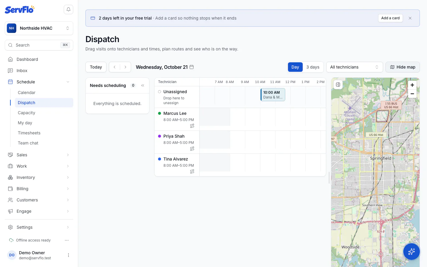 The dispatch board with technician rows, visit blocks, Needs scheduling and the map