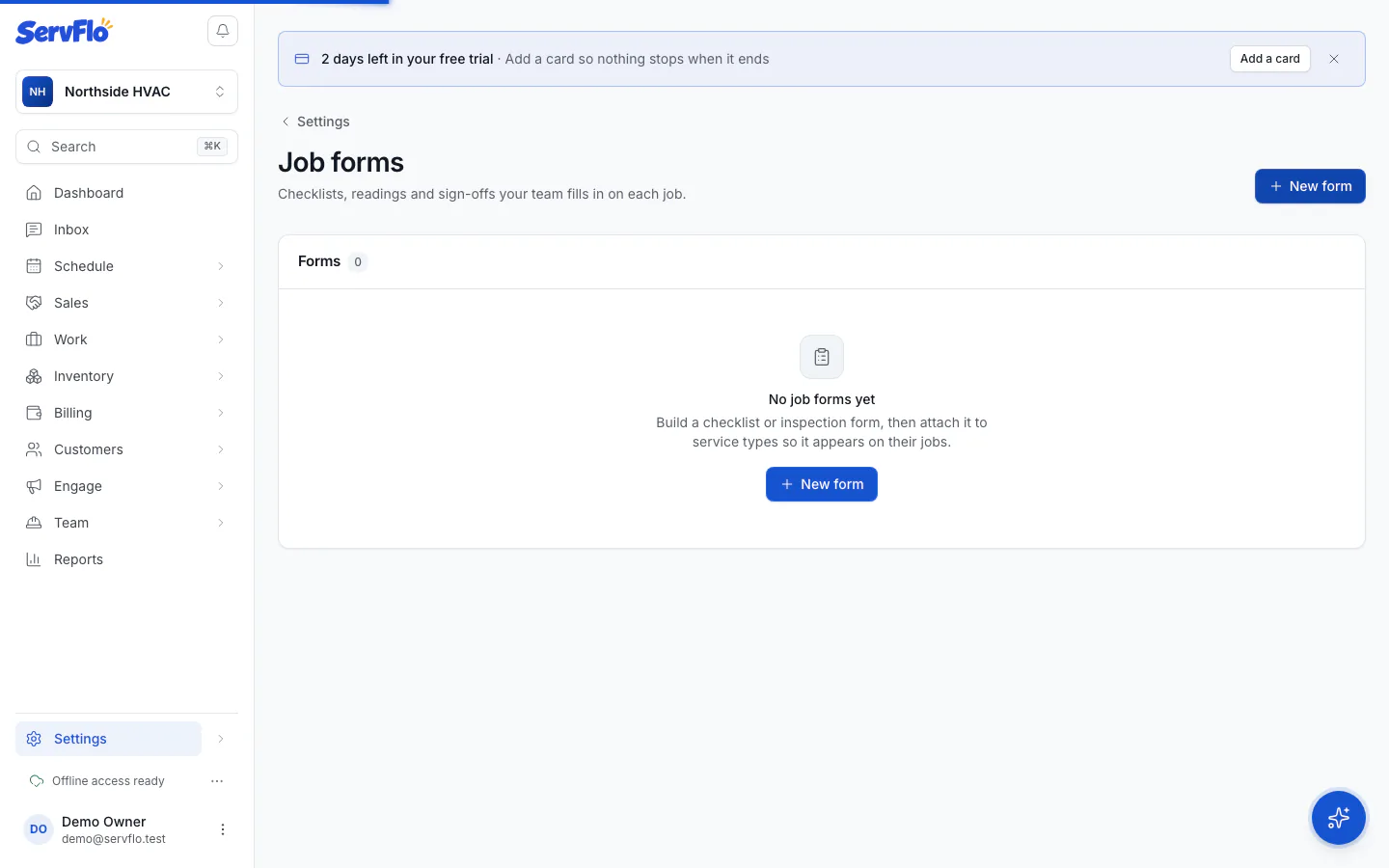 The job form builder with details, service types, fields and a preview