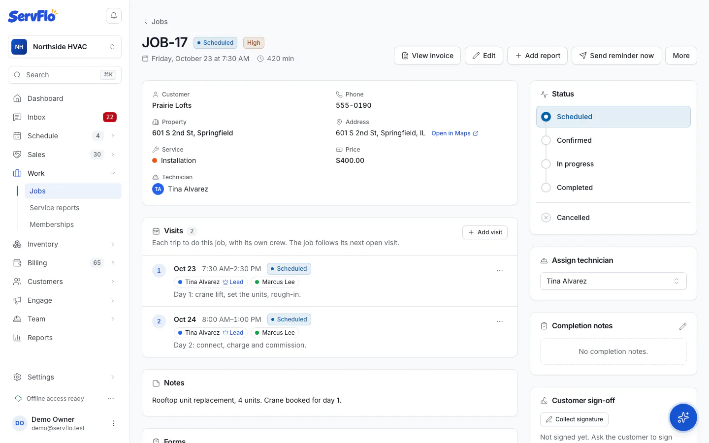 The Status panel on a job page with Scheduled, Confirmed, In progress, Completed and Cancelled