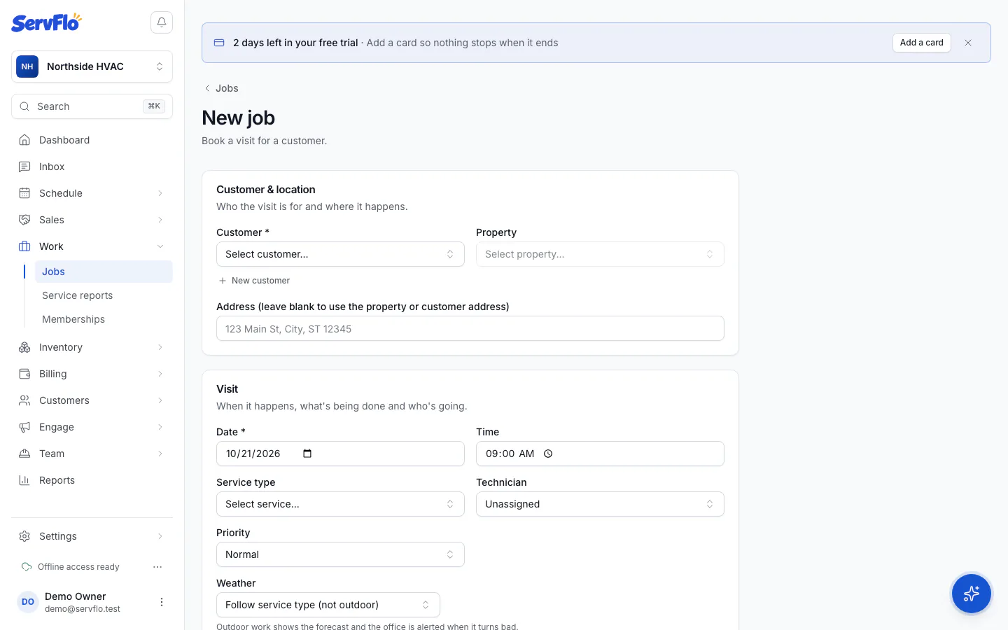 The New job form with customer, location and visit sections