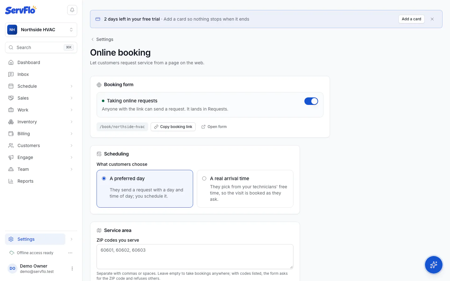 Settings → Online booking with the Booking form card and Scheduling settings