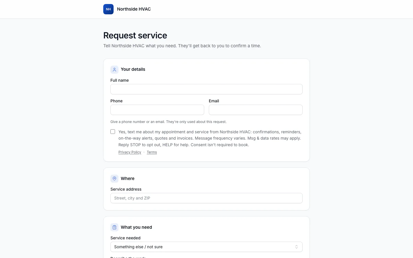 The public Request service booking page