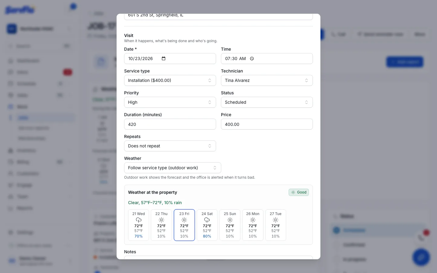 The job form with the Repeats setting