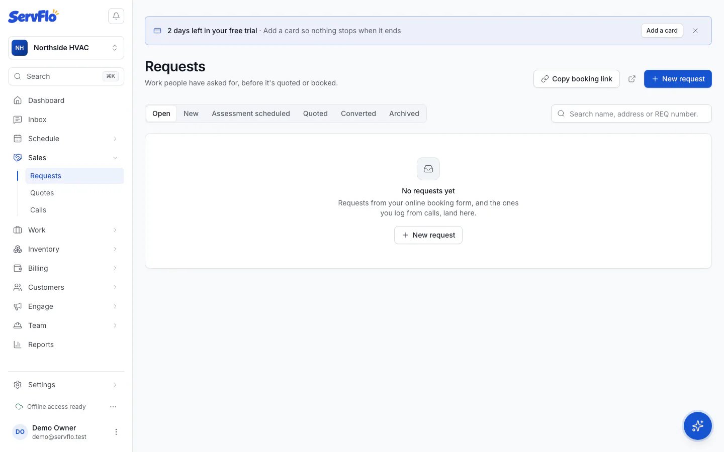 The Requests list with status filters and new requests