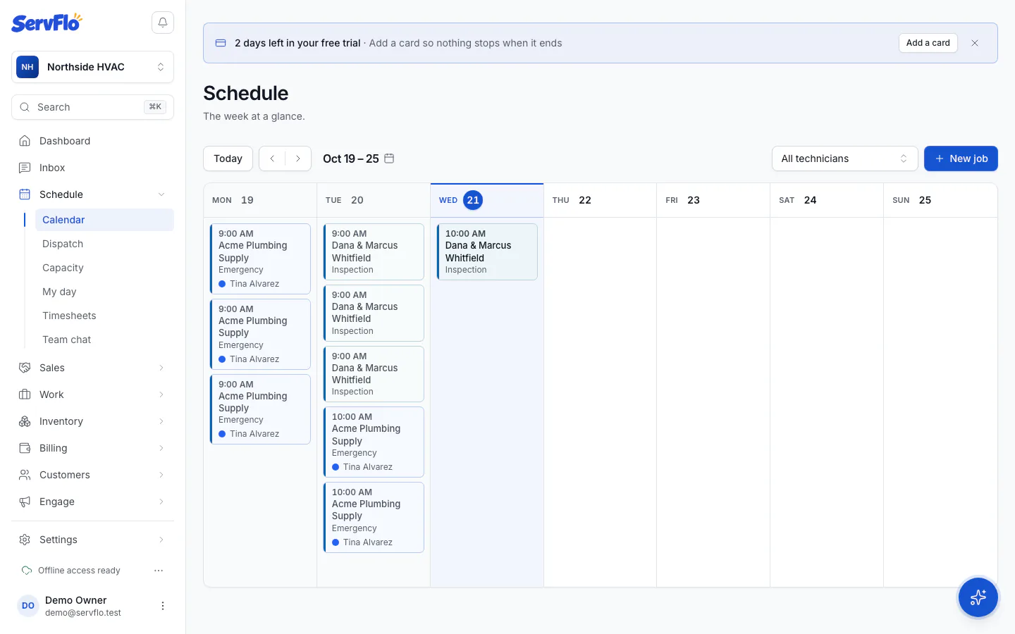 The schedule calendar showing a week of visits by day