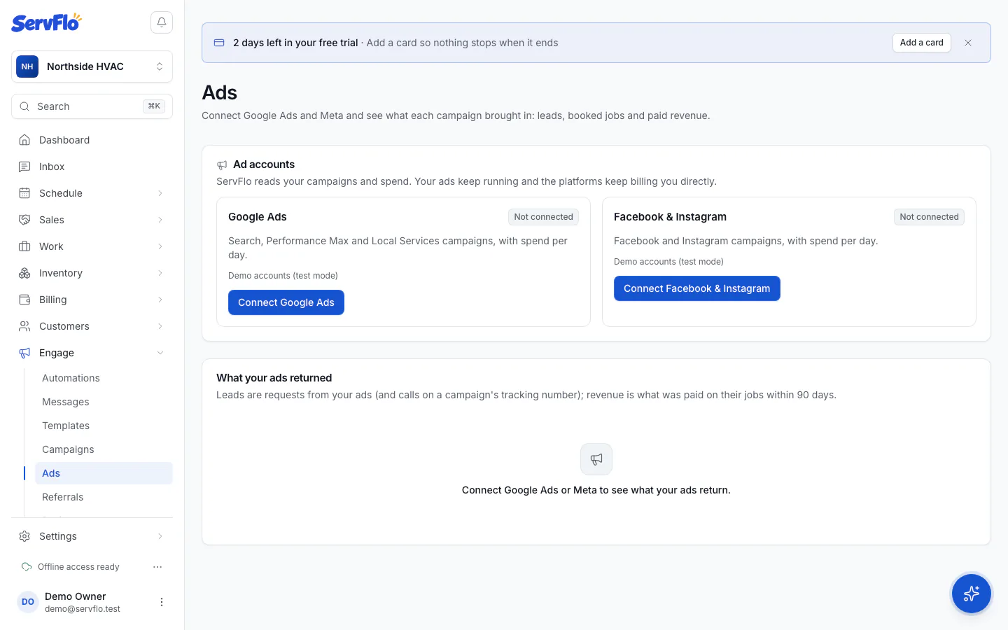 The Ads page with connected accounts and the return per campaign