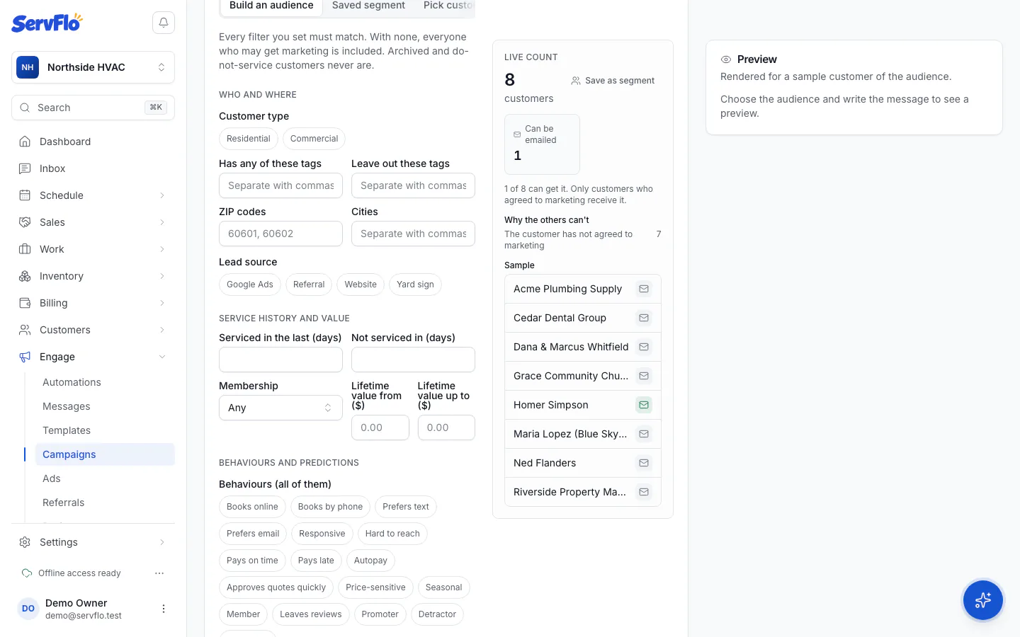 The audience builder with filters and the live count
