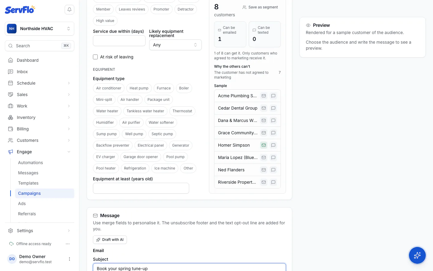 The campaign editor with name, audience, message and a preview