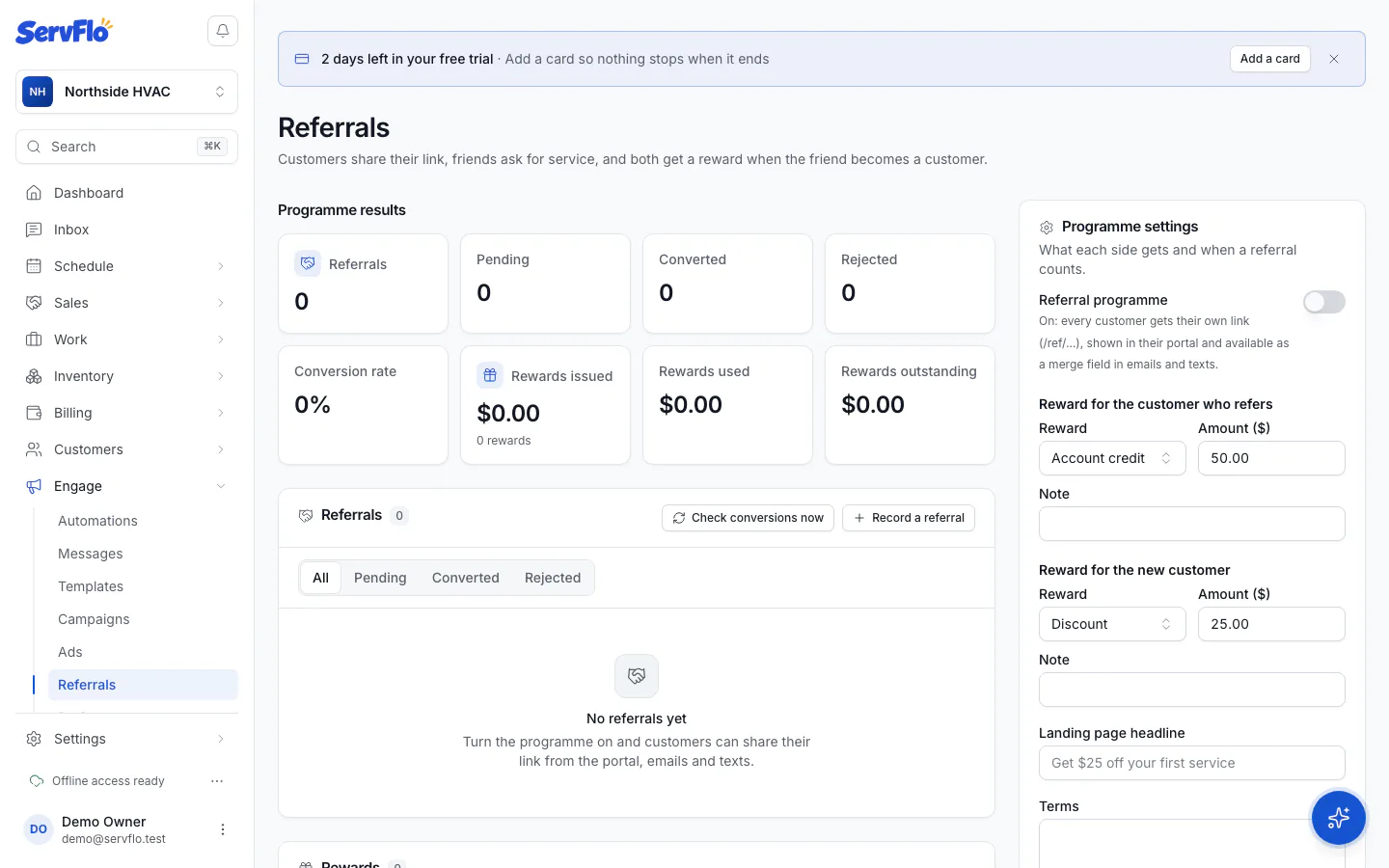 The referral program settings and results