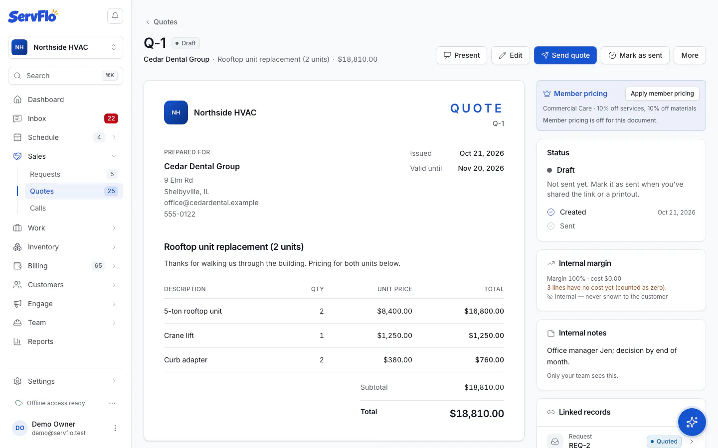 The Member pricing card and Member discount lines on a quote