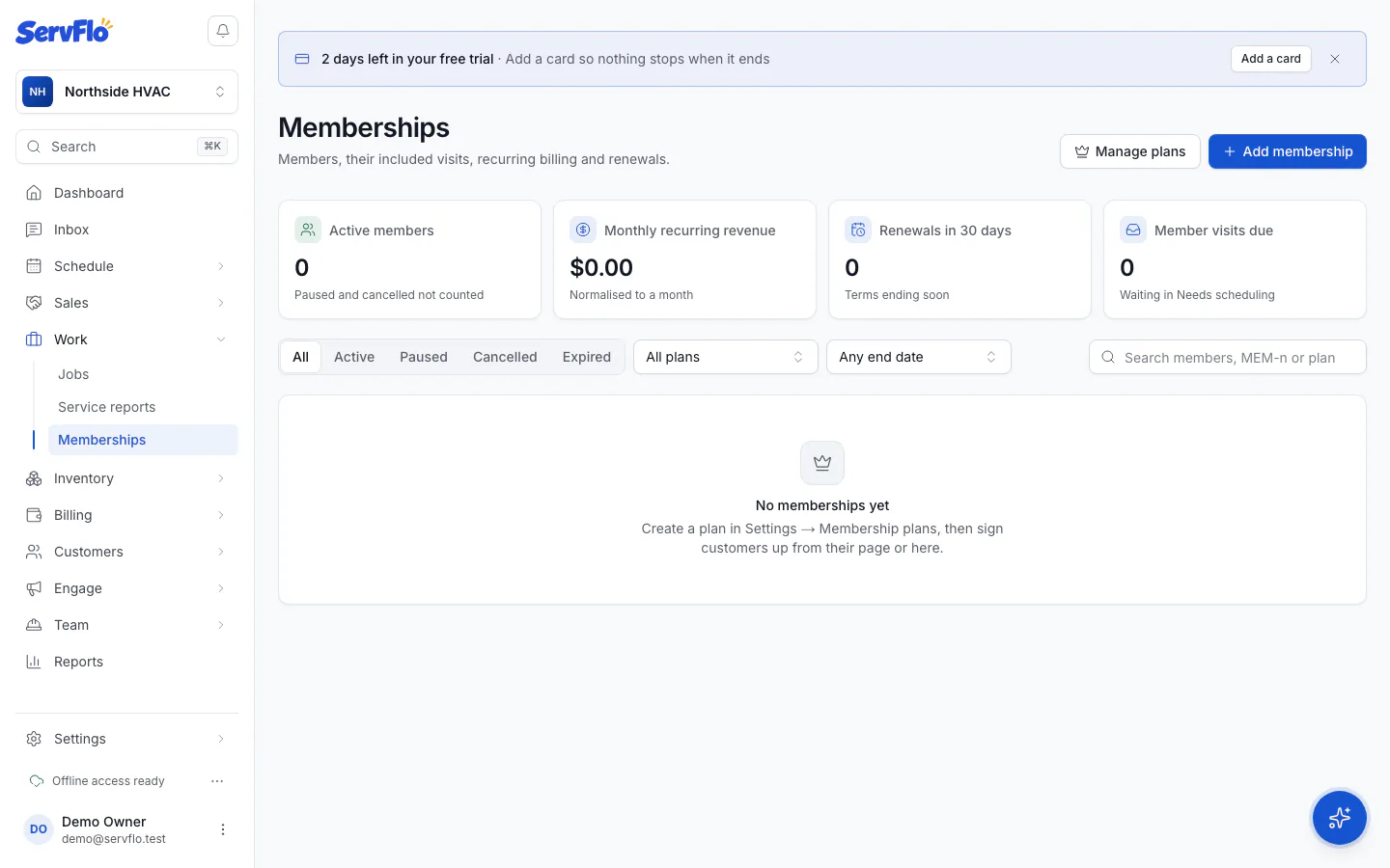 The Memberships list with active members, monthly recurring revenue and renewals