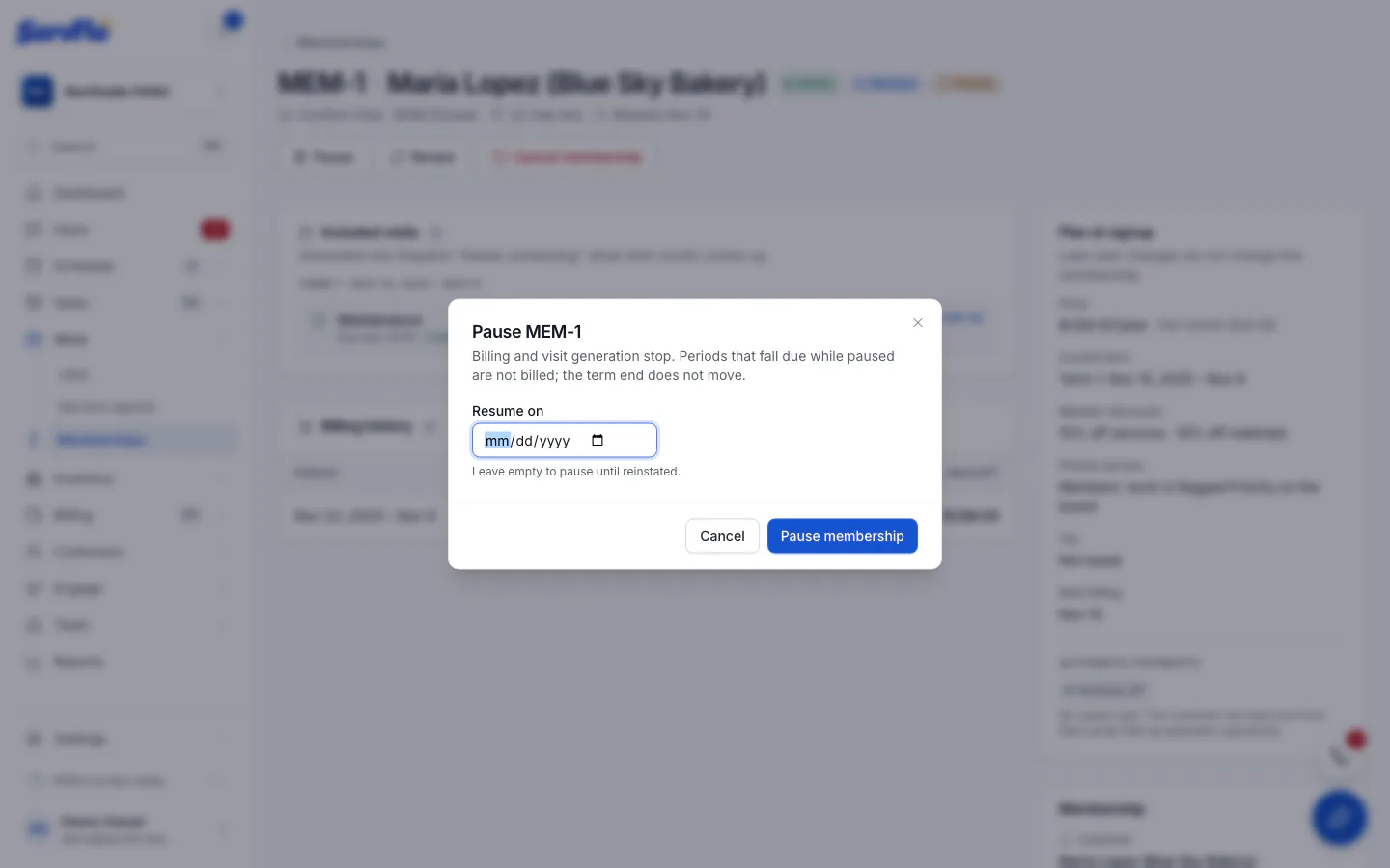 The Pause dialog with the Resume on date