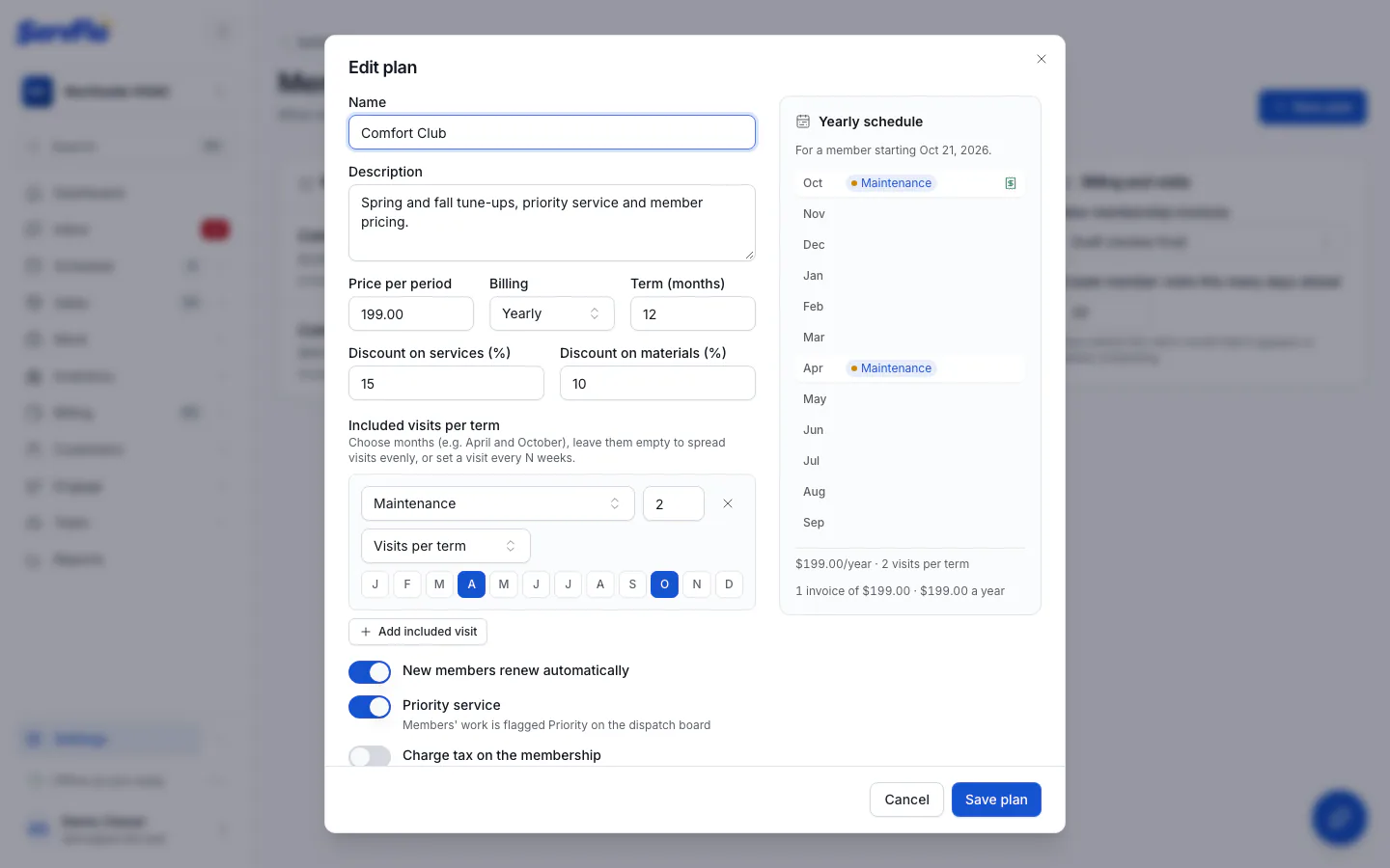 The plan form with included visits and the yearly schedule preview