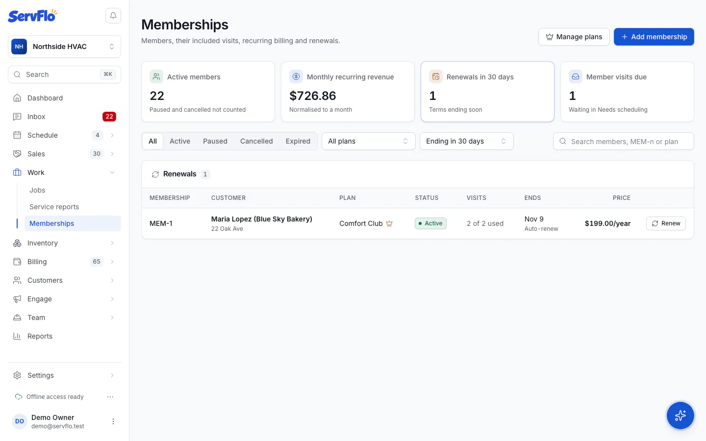 Memberships filtered to those ending in 30 days, with Renew buttons